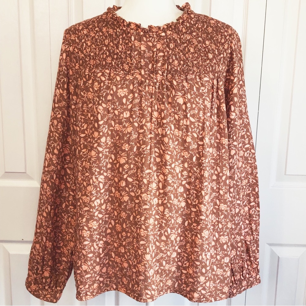 Sonoma Boho Brown & Pink Floral Print Smocked High Neck Blouse XL